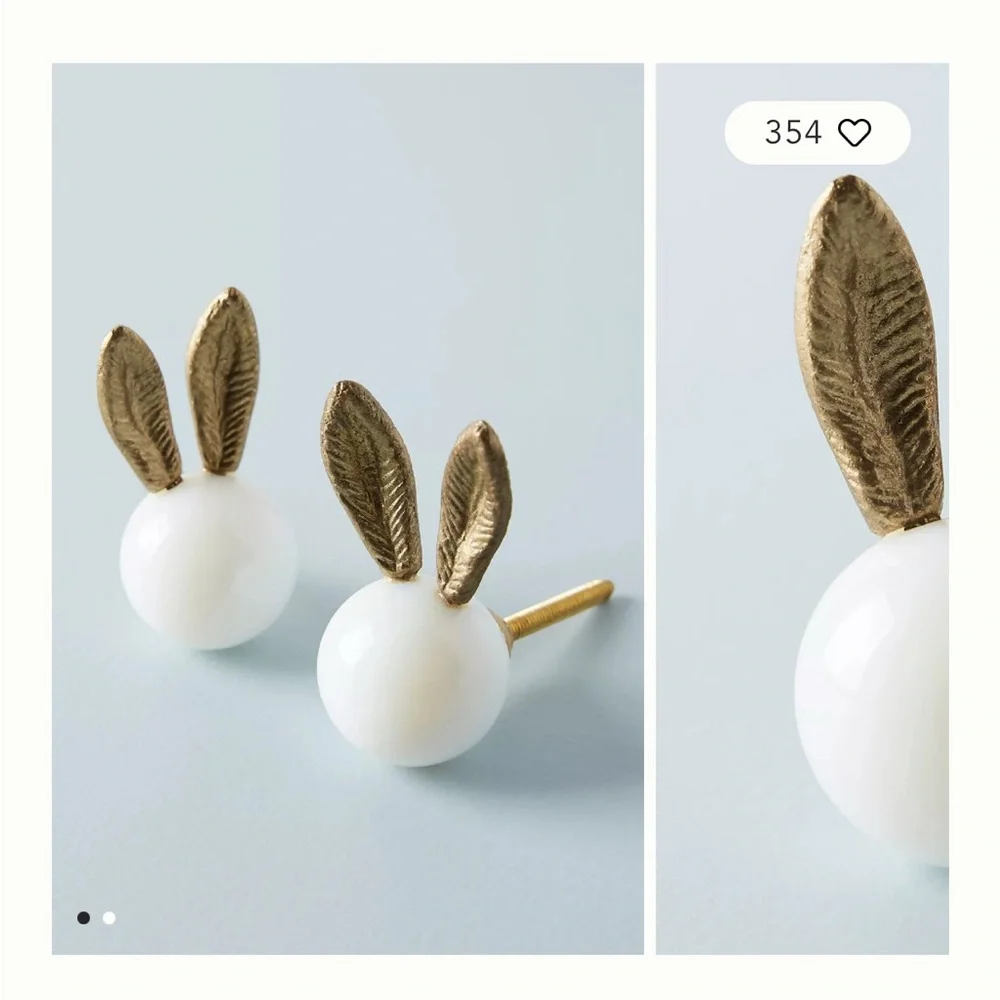 Anthropologie White Ceramic Knob with Gold Bunny Ears